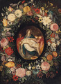 The Lamentation in a medallion surrounded by a garland of flowers - (after) Jan, The Younger Brueghel