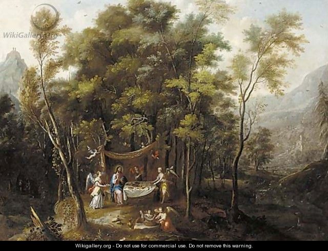 An extensive wooded landscape with the Temptation of Christ - (after) Jan Looten