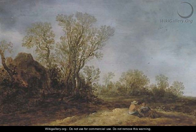 Two peasants resting in a wooded landscape, a cottage nearby - (after) Jan Van Goyen