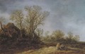 Two peasants resting in a wooded landscape, a cottage nearby - (after) Jan Van Goyen