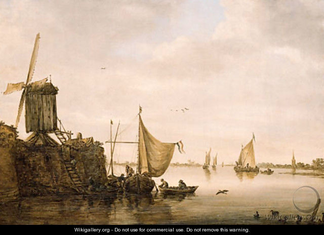 A river Landscape with Men unloading a Waterschip - (after) Jan Van Goyen