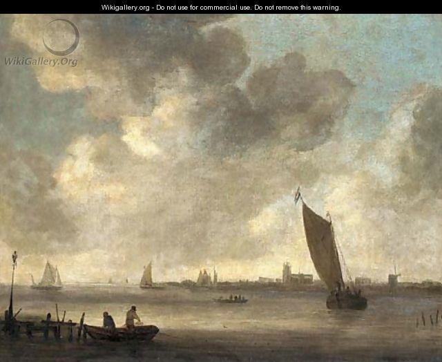 An estuary landscape with fishermen drawing in their nets by a sandbank and other shipping in a light breeze, Dordrecht beyond - (after) Jan Van Goyen