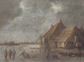 A winter landscape with skaters and kolf players by a village on a frozen lake - (after) Jan Van Goyen