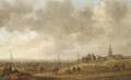 A coastal landscape with figures on the dunes, a church beyond - (after) Jan Van Goyen
