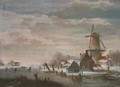 Skaters by a windmill in a Dutch winter landscape - (after) Jan Jacob Coenraad Spohler