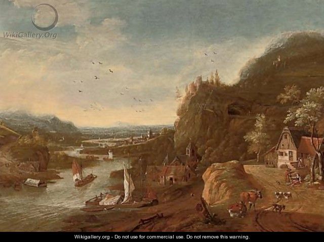 A Rhenish landscape with sailing barges, a castle on a hill beyond - (after) Jan Griffier II