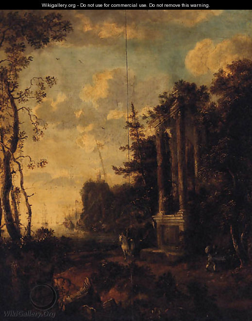 A coastal inlet with a horseman by a classical ruin - (after) Jan Griffier II