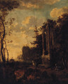 A coastal inlet with a horseman by a classical ruin - (after) Jan Griffier II