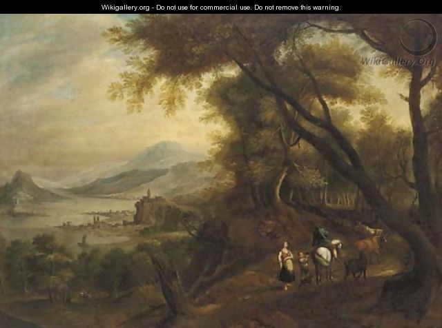A Rhenish landscape with mounted figures on a wooded track - (after) Jan Griffier I