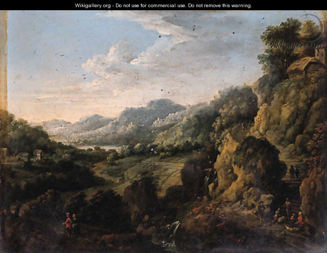 A Rhenish landscape with travellers on a track by a waterfall - (after) Jan Griffier