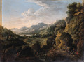 A Rhenish landscape with travellers on a track by a waterfall - (after) Jan Griffier
