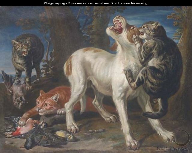 Cats attacking a dog in a landscape - (after) Jan Fyt
