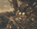 A wooded landscape with a dog, a tortoise, a skull, a rabbit, figs and other fruit in a clearing - (after) Jan Fyt