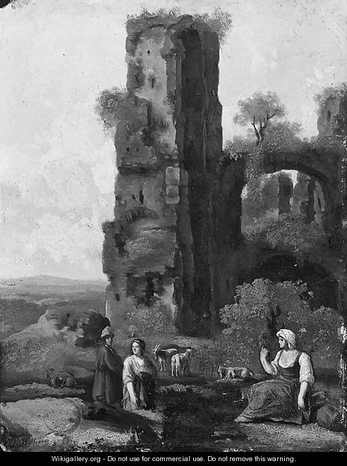 Shepherds resting by classical ruins in an Italianate landscape - (after) Jan Van Haensbergen