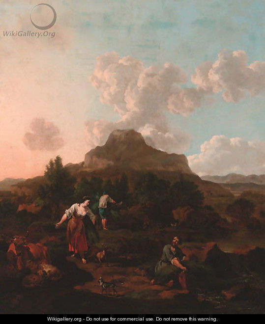 A rocky Italianate landscape with harvesters, cattle, and a dog by a stream - (after) Jan Van Der Bent