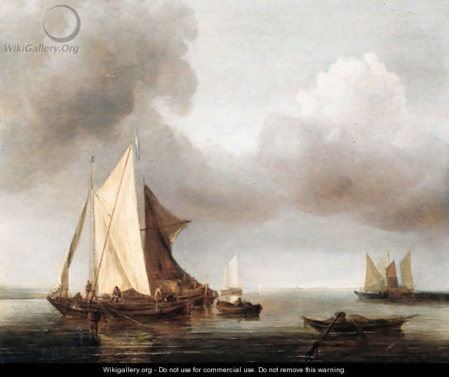 A calm smalschepen at anchor on a cloudy day - (after) Jan Van De Capell