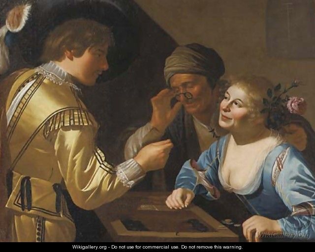 A young gallant and a courtesan playing tric-trac watched by a procuress - (after) Jan Van Bijlert