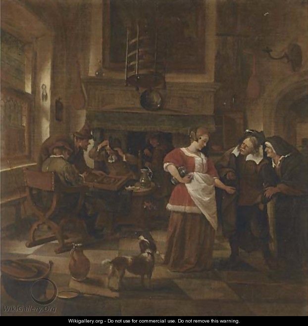 An inn interior with men playing backgammon - (after) Jan Steen