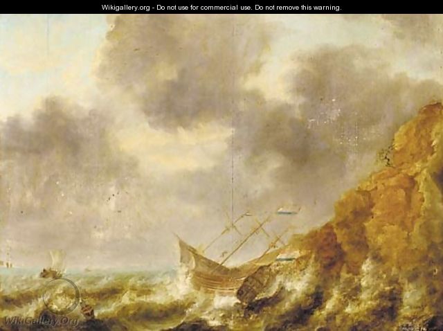 A shipwreck off a rocky coastline - (after) Jan Peeters