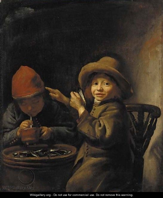 A boy eating mussels, another lighting a pipe - (after) Jan Miese Molenaer