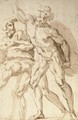 A nude warrior with a shield reaching up to the left, two crouching nudes to the left - Baccio Bandinelli