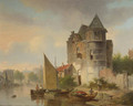 Villagers unloading cargo vessels on a river by a fortified mansion - Bartholomeus Johannes Van Hove