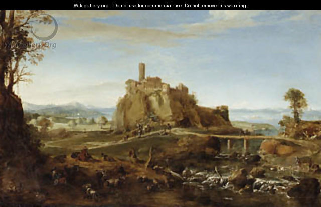 An Italianate Landscape with the town of Acquapendente, near Rome, and Shepherds and Washerwomen by the Banks of a River - Bartholomeus Breenbergh