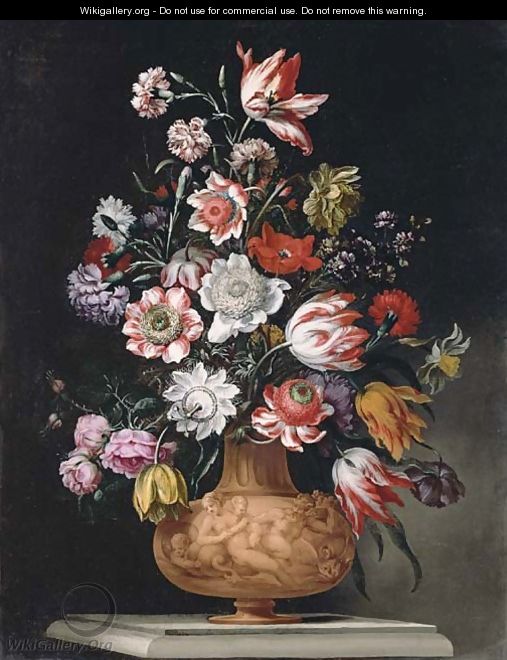Tulips, roses and carnations and a narcissus in a sculped urn on a stone ledge - Bartolomeo Ligozzi