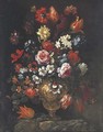 Tulips, roses, poppies, chrysanthemums, hyacinths and other flowers with butterflies in a sculpted vase on a ledge - Bartolommeo Bimbi