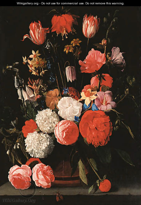 Roses, parrot tulips, narcissi, dahlias and other flowers in a vase on a stone shelf - Bartolome Van Winghe