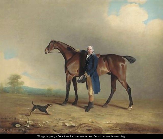 A gentleman with a bay hunter and terrier in a landscape - Ben Marshall