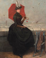 A lady with a red umbrella sitting by the sea - Belgian School