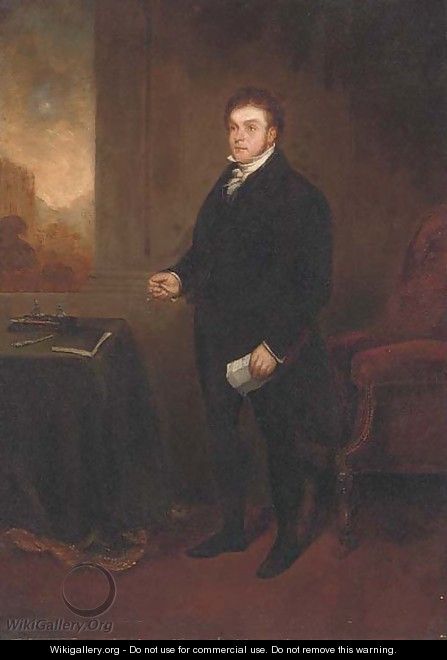 Portrait of Robert Hawkes (1774-1836), small full-length, holding a letter and spectacles, in an interior, a landscape beyond - Benjamin Robert Haydon