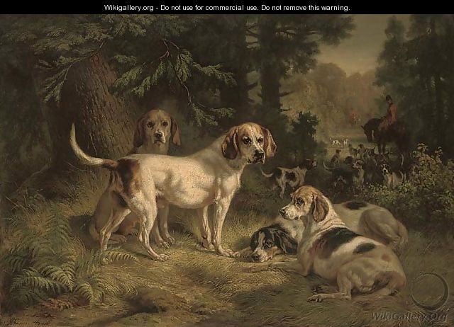 Hounds resting in a woodland clearing with huntsmen beyond - Benno Adam