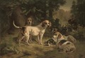 Hounds resting in a woodland clearing with huntsmen beyond - Benno Adam