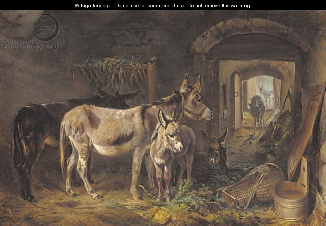 Donkeys in a stable interior - Benno Adam