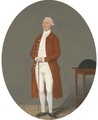 Portrait of a gentleman, full-length, in a brown coat and white waistcoat and breeches, holding a cane, a tricorn on a table beside him - Benjamin Wilson