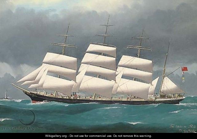 The four-master W.J. Pirrie under reduced sail with a lighthouse off her starboard bow - Australian School