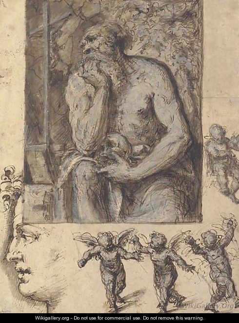 A hermit contemplating a crucifix, with studies of putti and a head in profile - Bernardino Luini