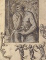 A hermit contemplating a crucifix, with studies of putti and a head in profile - Bernardino Luini