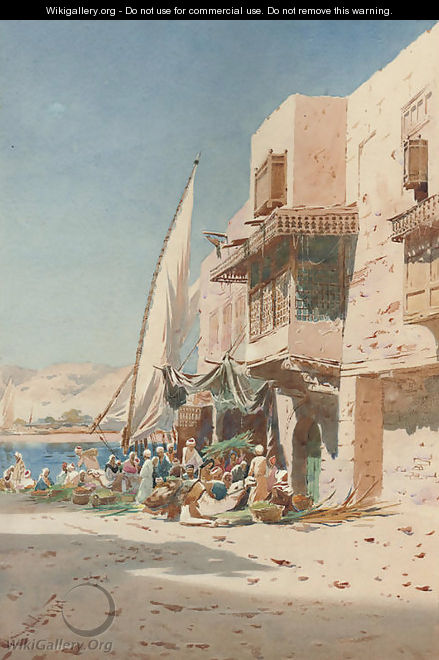 Arabs on a sunlit street before a mosque - Augustus Osborne Lamplough