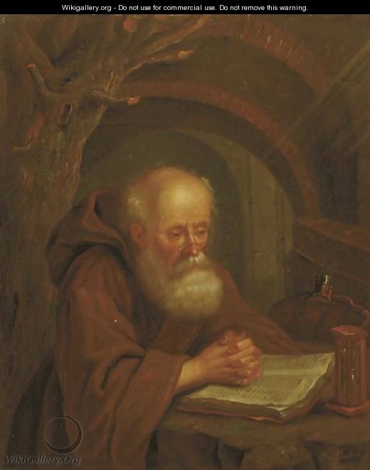 A hermit reading by a vaulted grotto - Balthasar Beschey