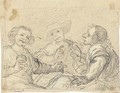 Two drinkers at a table mocking Arlotto Mainardi, who holds a flask of wine - Baldassarre Franceschini