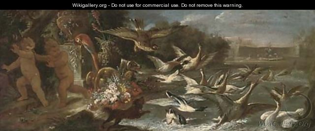 An eagle attacking ducks in a pond with putti escaping in an Italianate garden - Baldassare de Caro