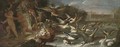 An eagle attacking ducks in a pond with putti escaping in an Italianate garden - Baldassare de Caro