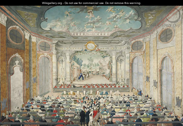 An opera performance in a baroque theater, possibly Eszterhaza - Austrian School