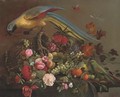 A parrot and a parakeet on a basket of flowers and fruit - Austrian School