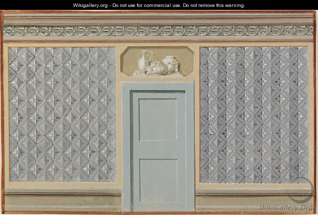 Designs for wall decorations with a geometric theme, with indications of wall coverings, frieze and dado designs, overdoors and decorative medallions - Austrian School