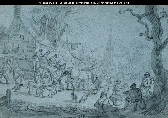 A horse-drawn cart with travellers in a village - Barent Gael