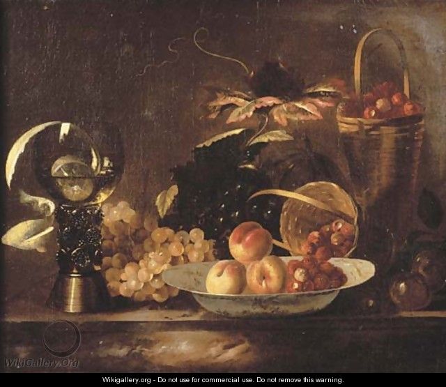 Peaches and raspberries on a dish, with grapes, a roemer, a partly-peeled lemon and a basket on a marble ledge - Barend or Bernardus van der Meer